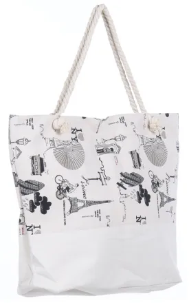 FSB19909 Beige Place Print Jumbo Size Beach Bag
