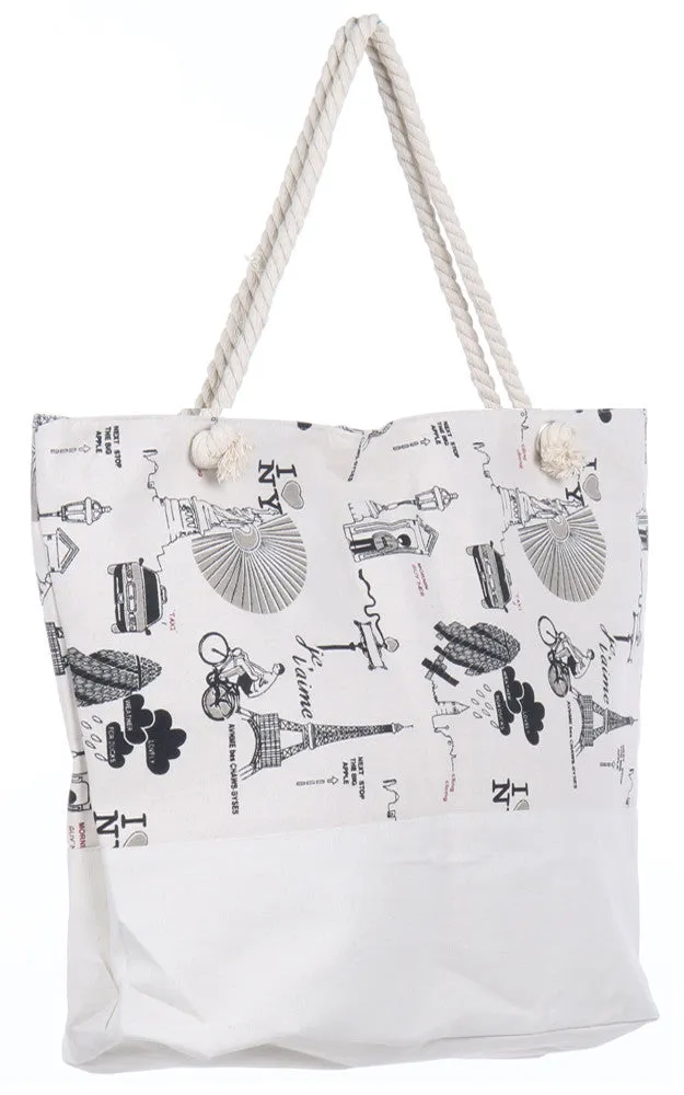 FSB19909 Beige Place Print Jumbo Size Beach Bag
