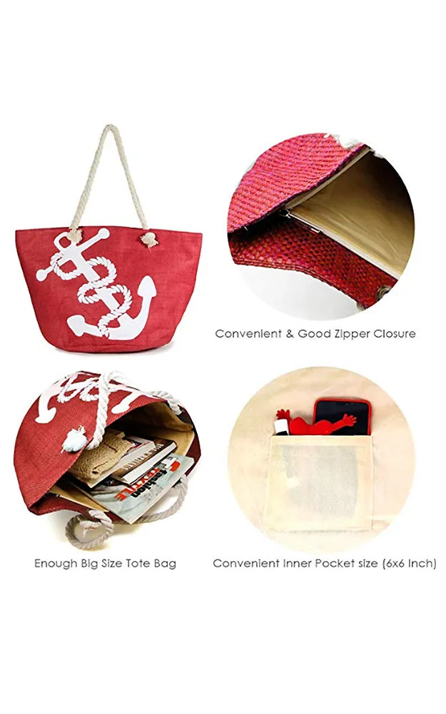 LF041 Red Big Anchor Print Beach Bag