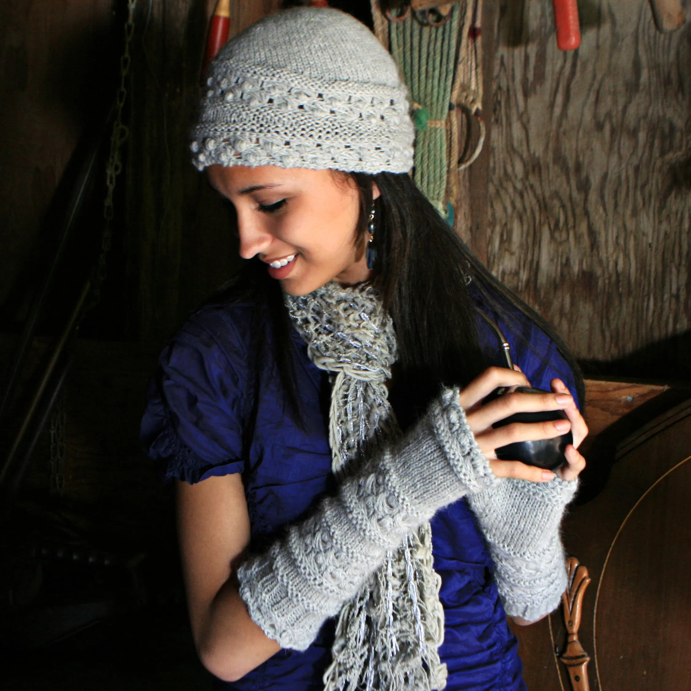 Velutinous Lace Cap & Wristlets - Knit / Broomstick Lace