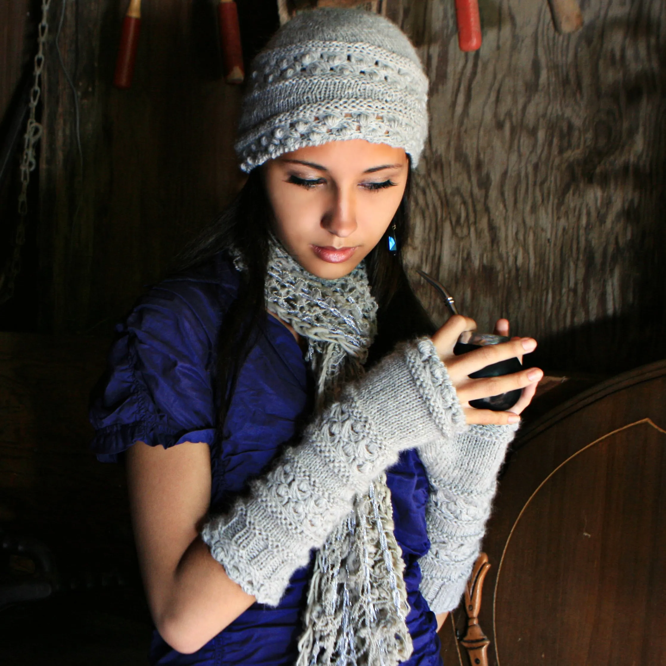 Velutinous Lace Cap & Wristlets - Knit / Broomstick Lace