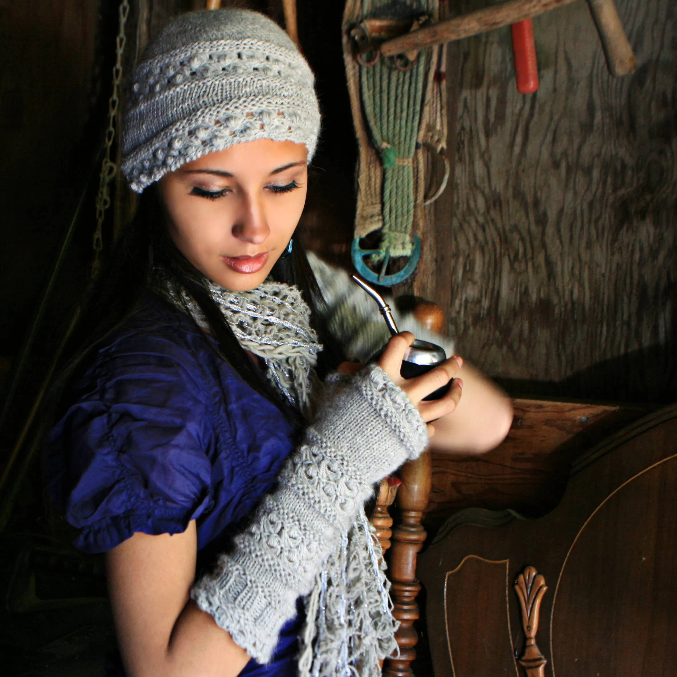 Velutinous Lace Cap & Wristlets - Knit / Broomstick Lace